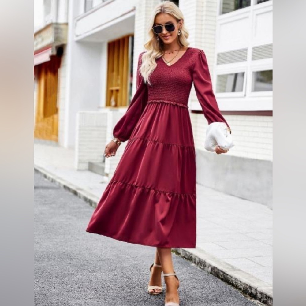 NEW Wine Red Smocked Bodice V Neckline Tiered A line Midi Dress Size Small